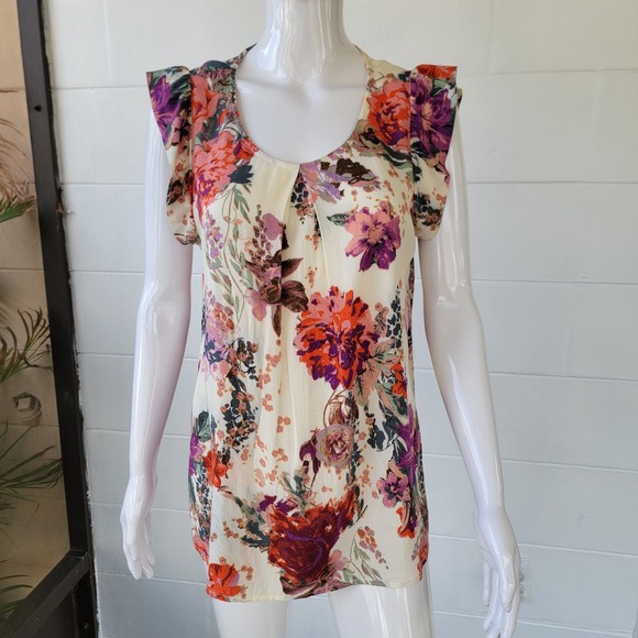 ANDREE BY UNIT Tops - Andree by Unit Floral Cap Sleeve Blouse Women's L Ivory Red Boho Chic Retro Top